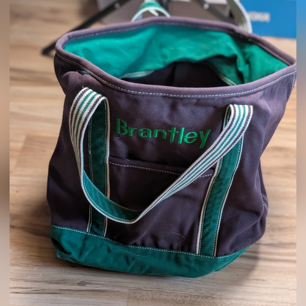 VTG Preppy 80s Lands End Navy + green monogram PSS canvas handle pocket tote bag